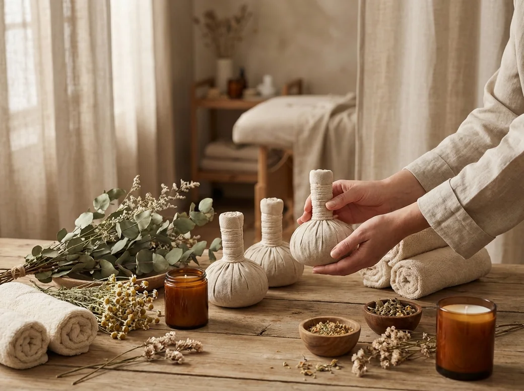 Meleg gyógynövényes labdacsok gőzölőben, a háttérben masszázságy — a herbalabdacsos kezelés előkészülete