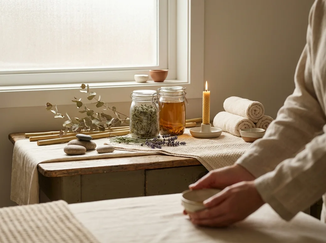 A terapeuta hüvelykujjal egy akupresszúrás pontot nyom a kliens hátán, lágy természetes fényben — TUINA technika közelről
